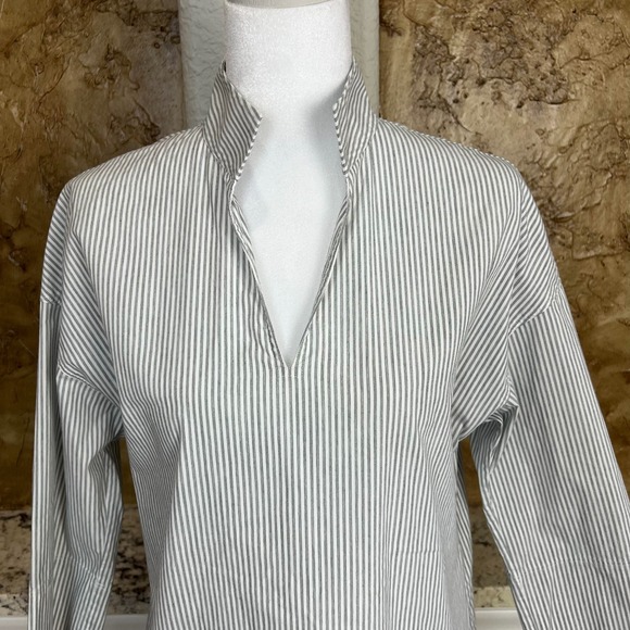 Lafayette 148 New York Popover Shirt Size XS Bracelet Sleeve Gray White Striped - Picture 2 of 11